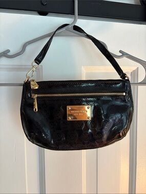 Michael Kors Black Patent Logo Wristlet with Gold Hardware